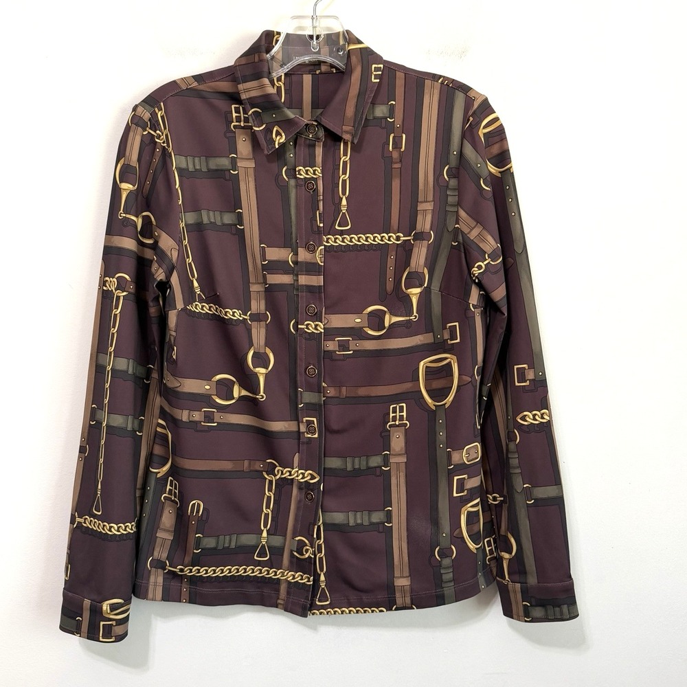 J McLaughlin Betty Equestrian Blouse S Brown Horse Bit Print Button Front Shirt